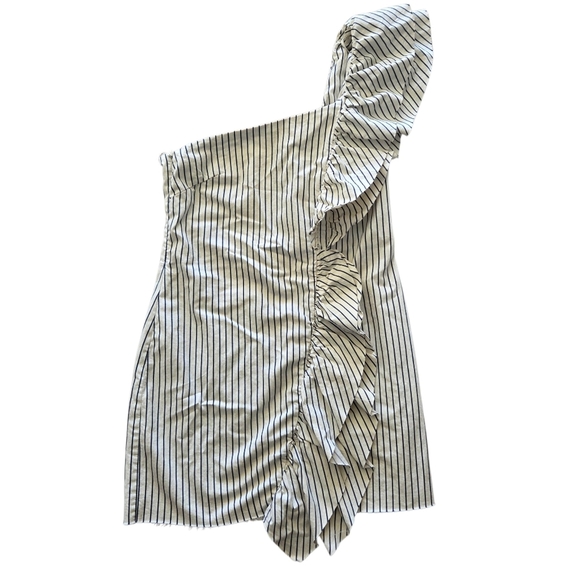 NWT Zara TRF | Asymmetrical One Shoulder Ruffle Cream Denim Stripe Dress Medium - Picture 2 of 8